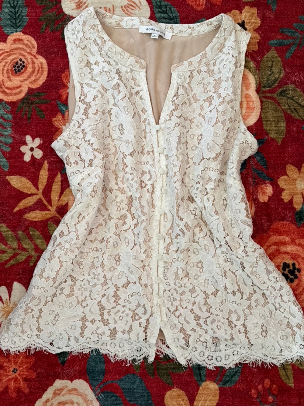 Rose & Olive Beige Lace Button Tank